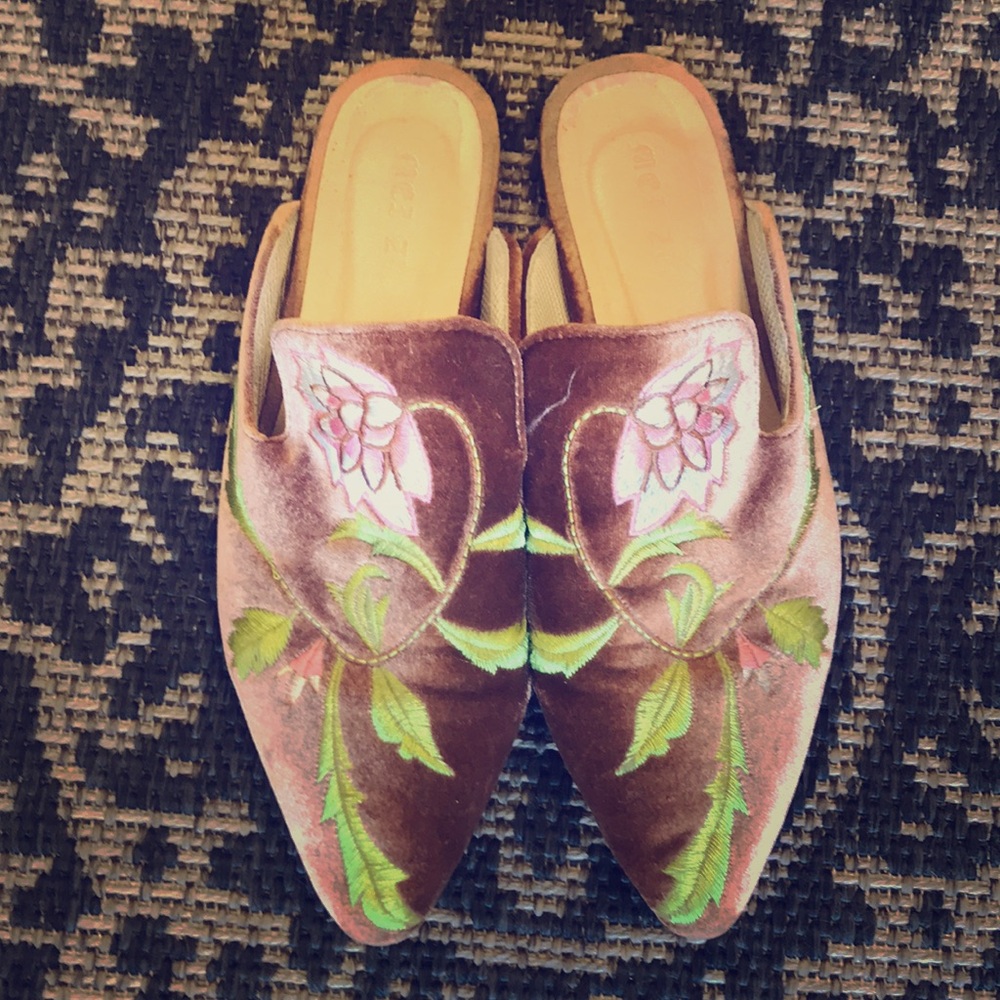 Velvet hand stitched slip on flats